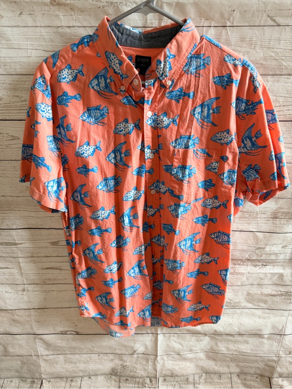 J. Crew Coral Button-Down Short Sleeve Shirt with Blue Fish Print